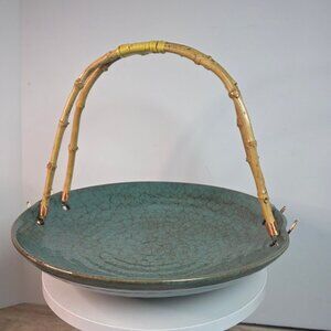 Ceramic Fruit Basket With Bamboo Handles - 10" Diameter Detachable & Portable De